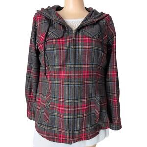 Pendleton Virgin Wool Board Plaid Full Zip Hooded Jacket Women Small Gray Red‎